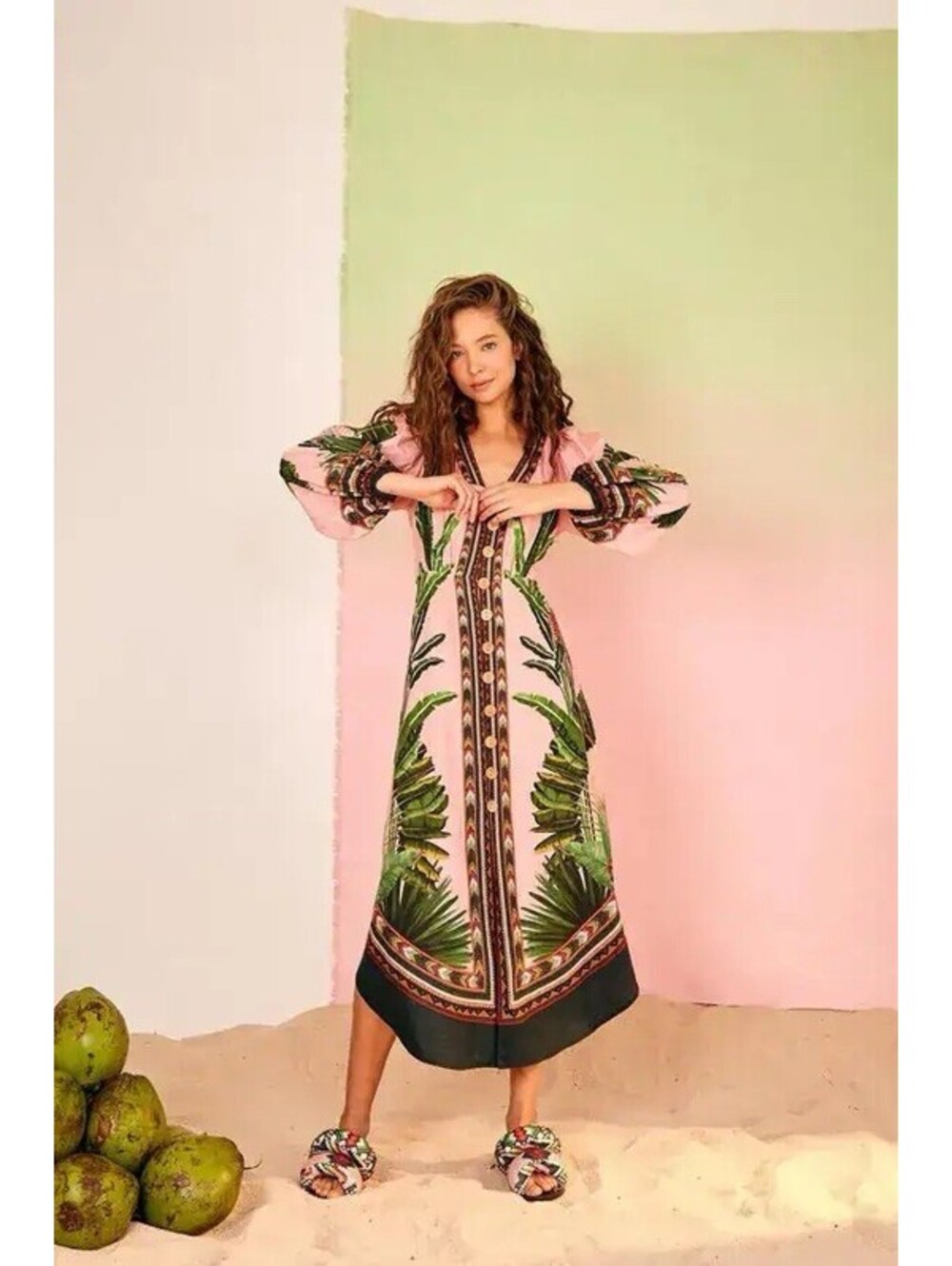 FARM RIO Amazonia Forest Linen Blend Button Front V-Neck Maxi Dress Pink Sz S